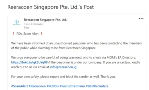 Read more about the article Reeracoen Singapore Scam: Unmasking the Fake Job Scammers